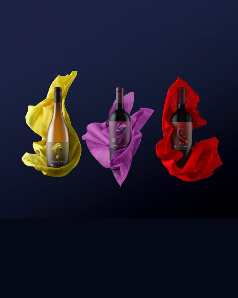 Force & Grace Wine bottles wrapped in cloth artwork